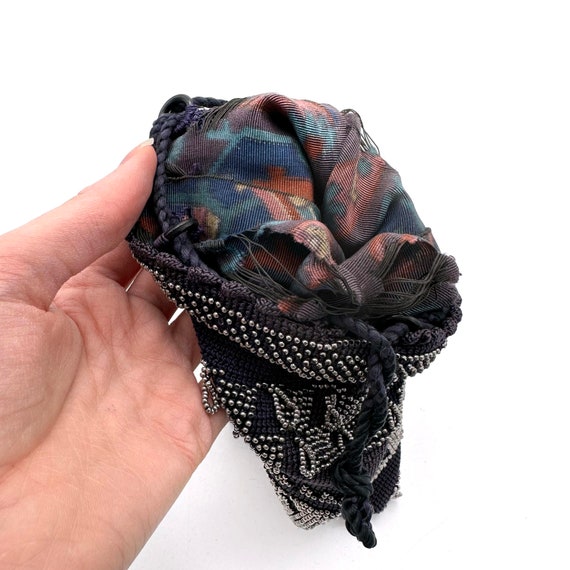 1920s Beaded Navy Knit Drawstring Dancing Purse - image 5