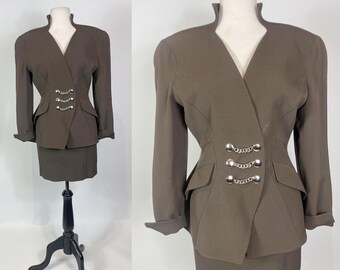 Early 1990s MUGLER Olive Wool Blazer Jacket and Skirt Set