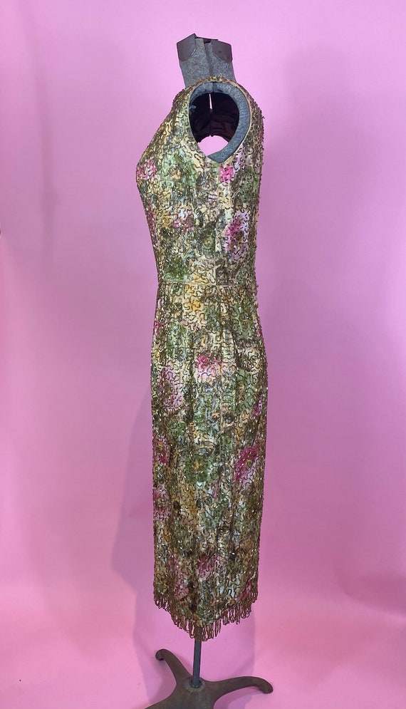 1960s Beaded Watercolor Jacquard Wiggle Dress - image 4