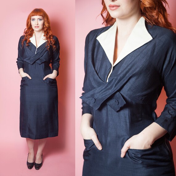 1940's Overlap Button Bust Silk Pocket Dress