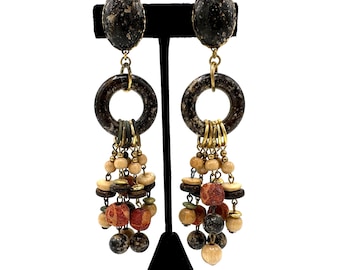 Vintage 1960s MIRIAM HASKELL Rare Wooden Bead Clip On Earrings