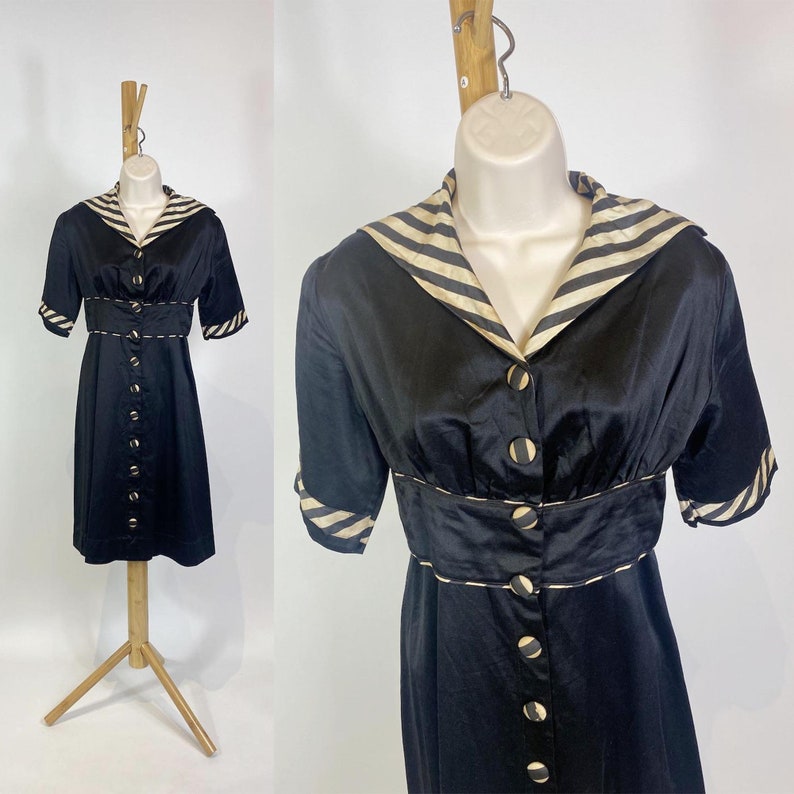 1940s Black Cotton Striped Trim Day Dress image 1