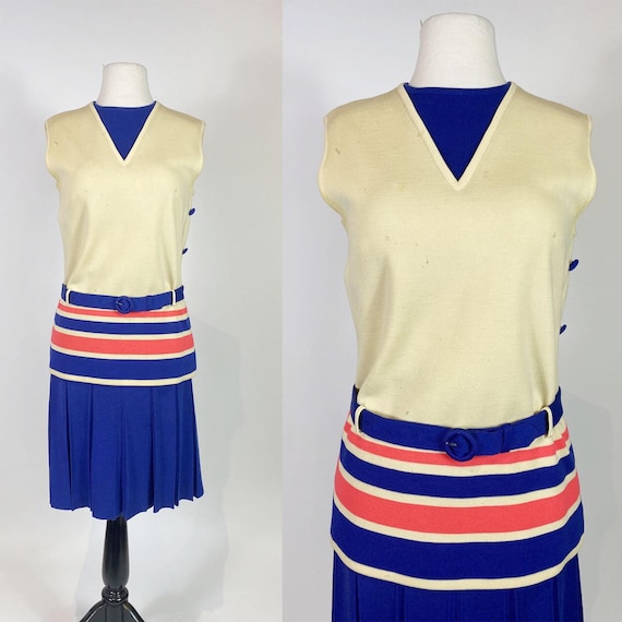 1960s Mod Wool Striped Shirt and Pleated Skirt Set - image 1