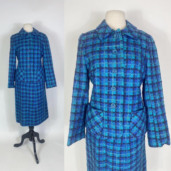 1960s Lord & Taylor Blue Plaid Wool Tweed Skirt a… - image 1