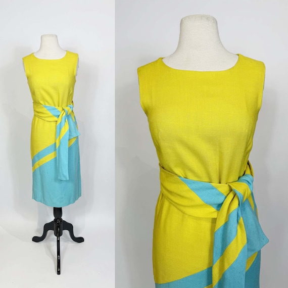 1960s Yellow and Blue Color Blocked Canvas Linen … - image 1