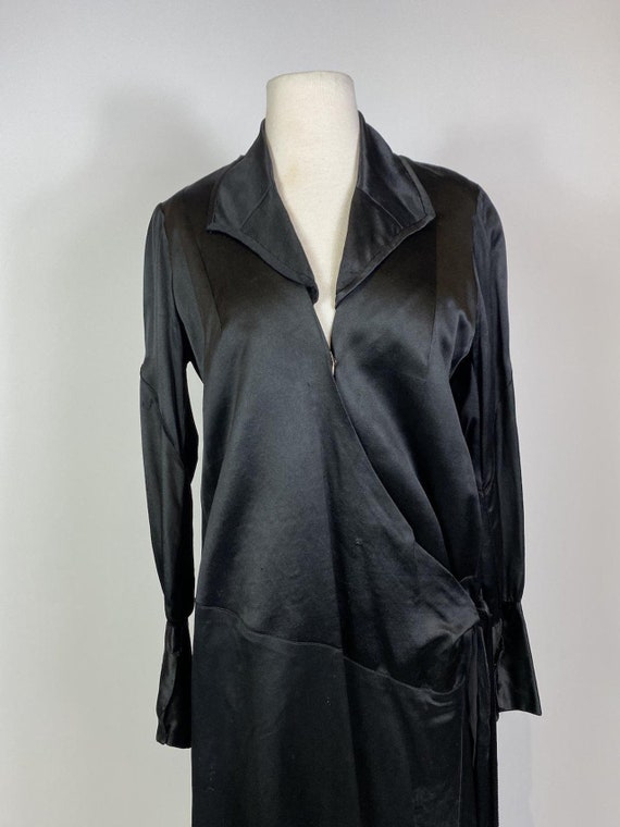 1920s Black Silk Satin Long Sleeve Wrap Flapper D… - image 6