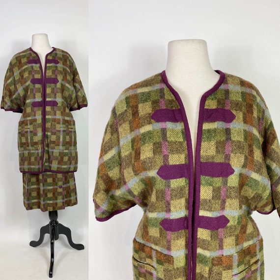 1960s - 1970s Purple and Green Plaid Wool Cape Ja… - image 1