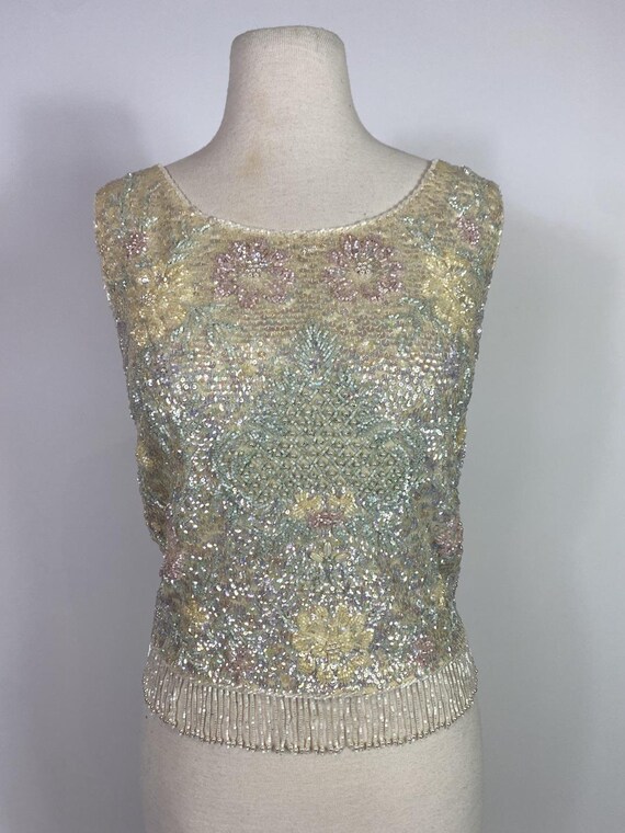 1950s - 1960s Wool with Pastel Beaded Floral Prin… - image 4