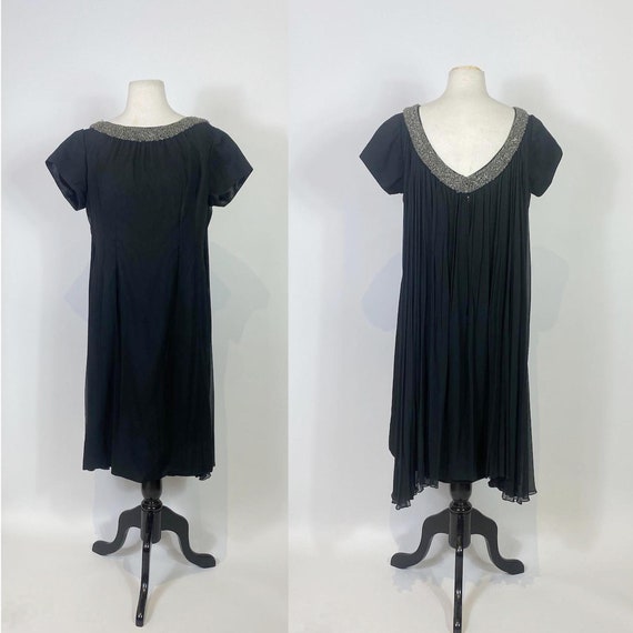 1960s Black Chiffon Beaded Neckline Mod Dress - image 1