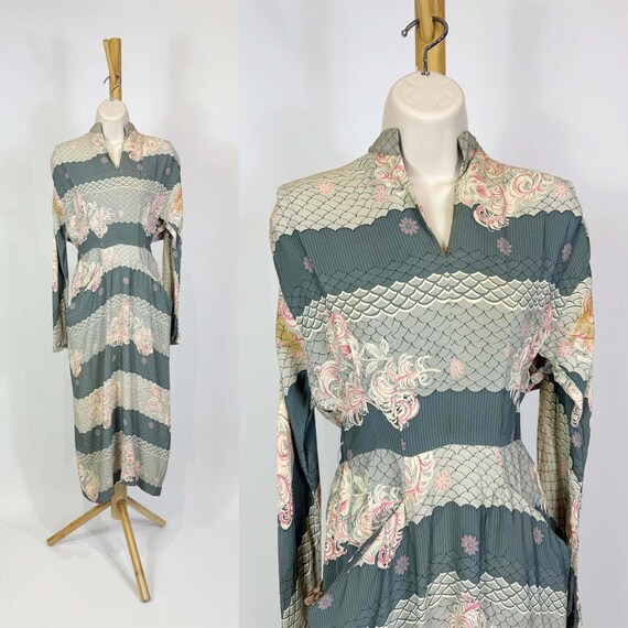 1940s Blue Striped and Feather Printed Rayon Dress - image 1