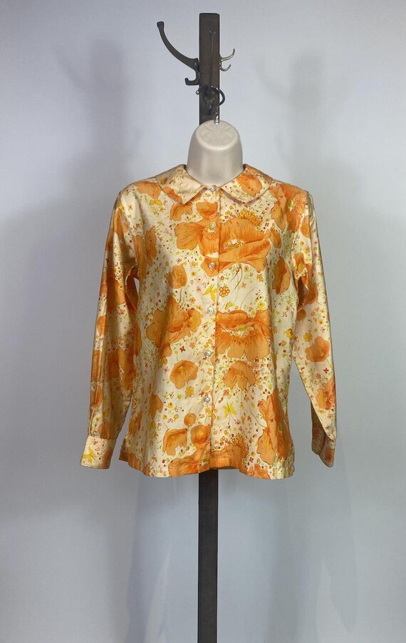 1960s - 1970s Orange Floral Printed Cotton Blouse