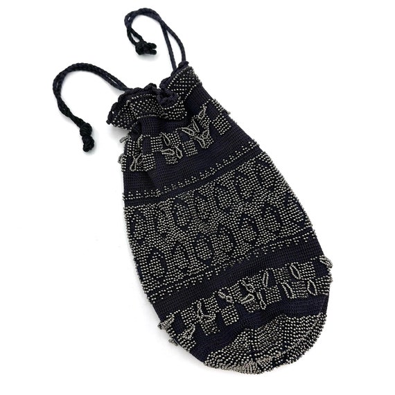 1920s Beaded Navy Knit Drawstring Dancing Purse - image 1