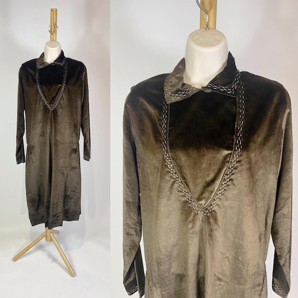 1920s Brown Velvet Contrast Stitch Shift Dress