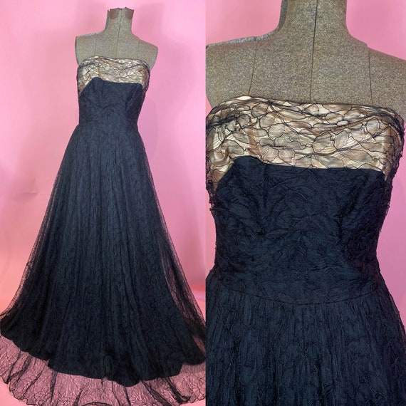 1950s Bonwit Teller Satin Layered Strapless Gown
