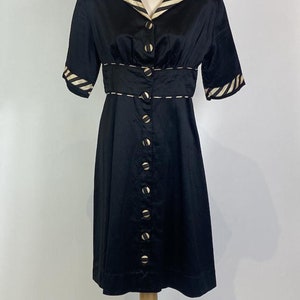 1940s Black Cotton Striped Trim Day Dress image 2