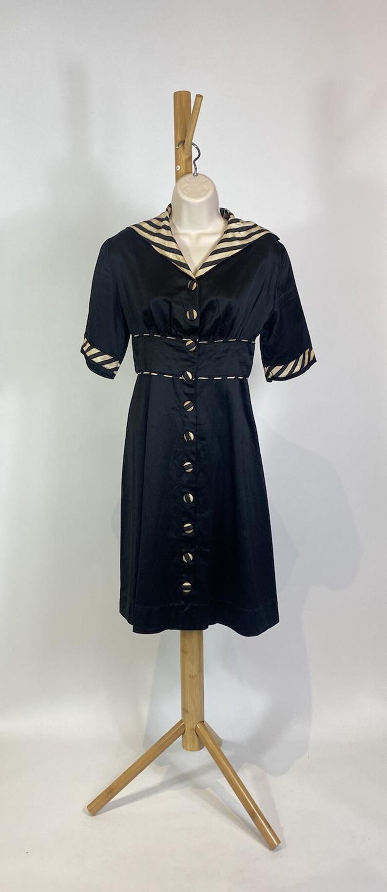 1940s Black Cotton Striped Trim Day Dress image 2