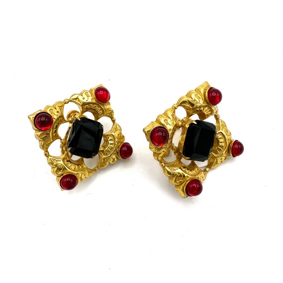 1950s-60s MIRIAM HASKELL Red And Black Glass Gold… - image 1