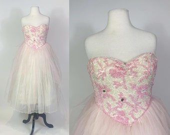 1950s Cream and Pink Glitter and Pearl Tulle Strapless Party Dress