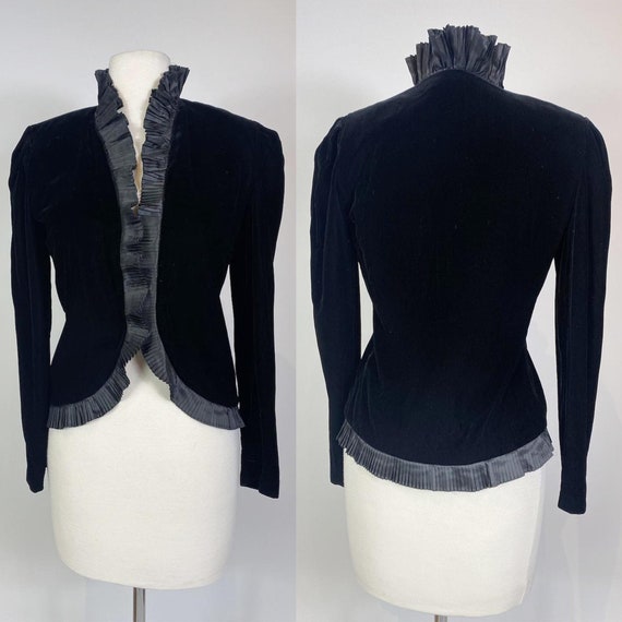 1980s Bill Blass Black Velvet Ruffle Jacket - image 1