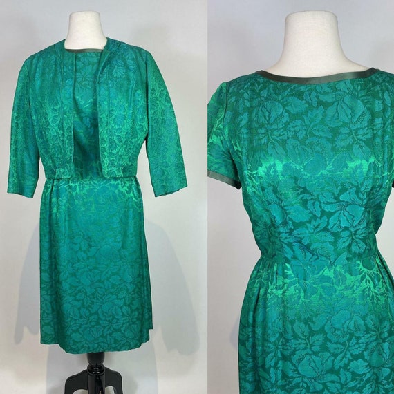 1960s Blue Green Jacquard Dress and Jacket Set - image 1