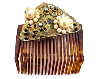MIRIAM HASKELL HAIR COMB WITH GOLD TONE LEAVES Miriam Haskell Pearl and Crystal Comb | Designer Jewelry main image 4