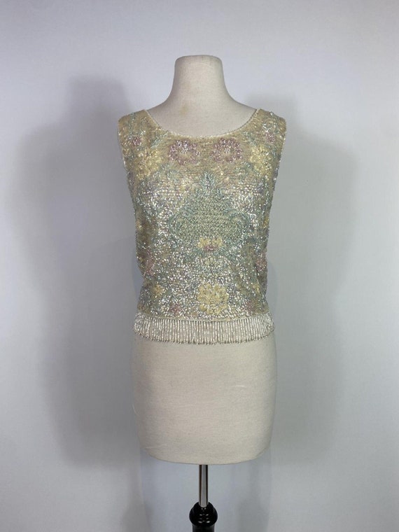 1950s - 1960s Wool with Pastel Beaded Floral Prin… - image 1