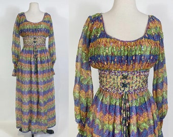 1970s Psychadelic Print Chiffon Beaded Corset Dress by Valentina