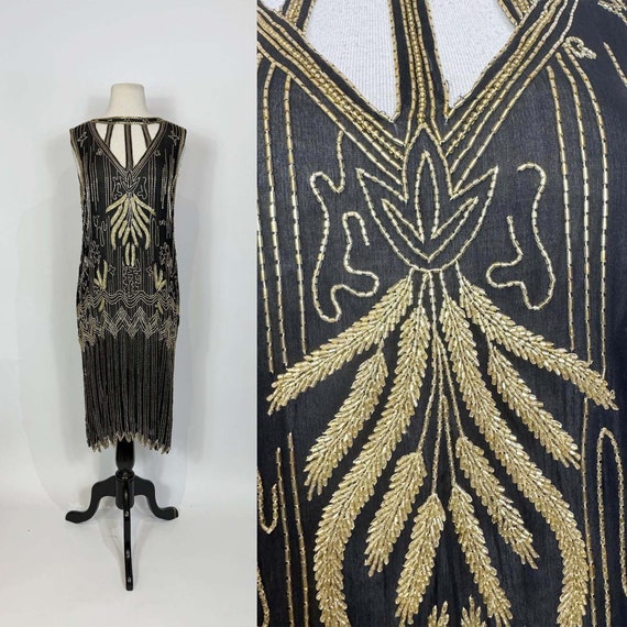 1990s does 1920s Black Silk Gold Art Deco Beaded … - image 1