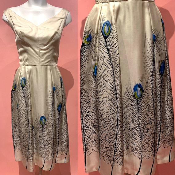 1950's Peacock Feather Print Pure Silk Dress