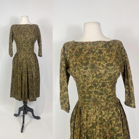 1950s Green Floral Print Cotton Swing Dress - image 1