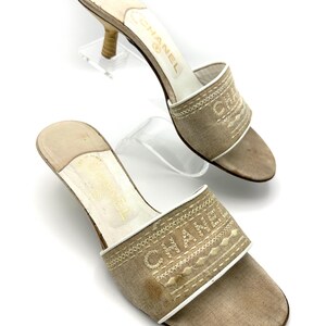 1990s - Y2K CHANEL Tan Needlepoint Embroidered Kitten Heel Sandals