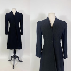 1930s - 1940s Black Boucle Wool Criss Cross Stitched Princess Coat