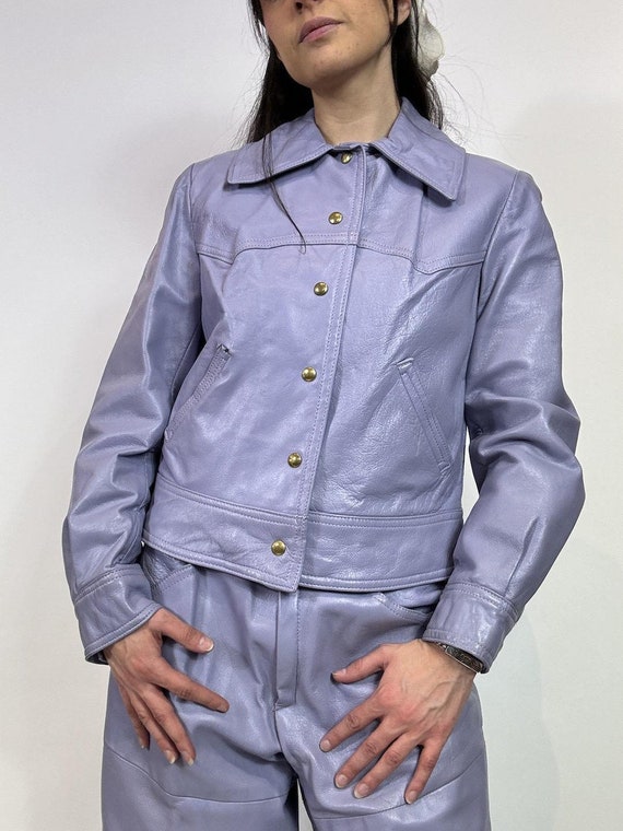1970s Lavender Purple Leather Jacket and Bell Bot… - image 3