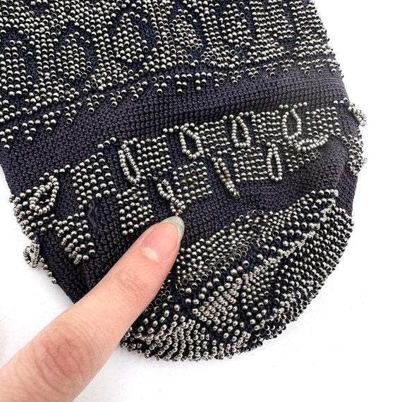 1920s Beaded Navy Knit Drawstring Dancing Purse - image 7