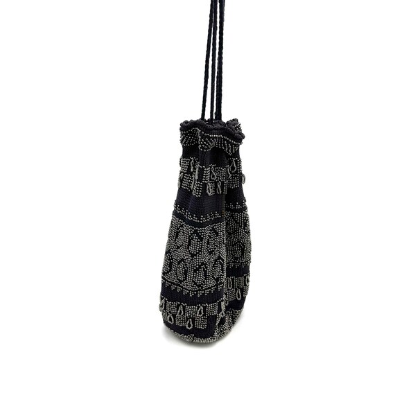 1920s Beaded Navy Knit Drawstring Dancing Purse - image 3