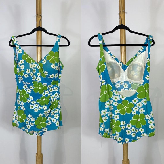 1960s Mod Flower Power Blue and Green Swimsuit - image 1