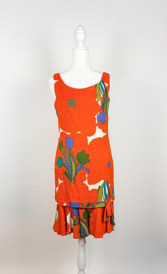 1960s Orange Floral Print Drop Waist Mini Dress