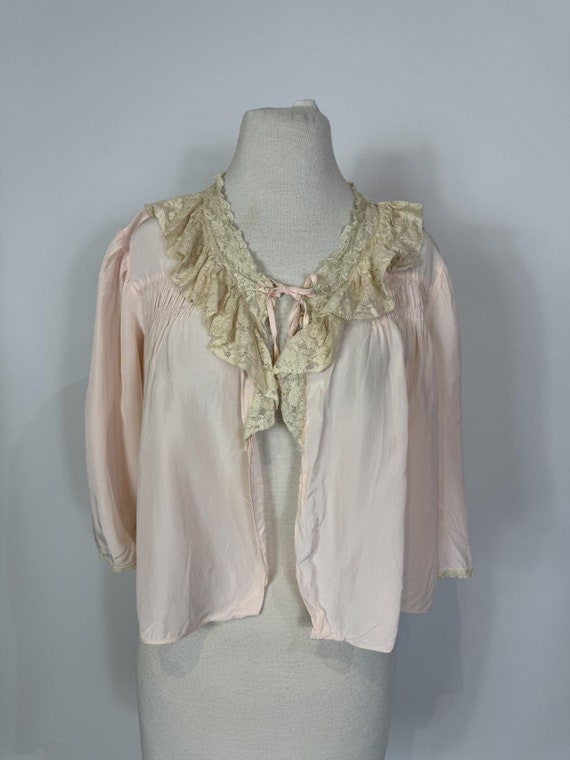 1940s - 1950s Pink and Cream Lace Trim Bed Jacket - image 1