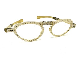 Klappbare Taschenbrille aus den 1950er Jahren in gebrochenem Weiß mit Strass-Inlay