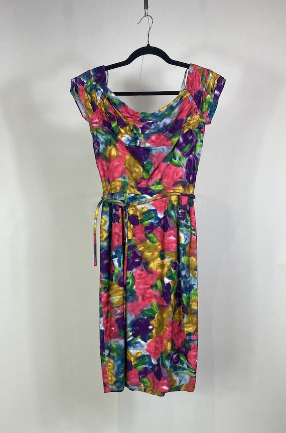 1940s - 1950s Cotton Watercolor Floral Dress - image 2