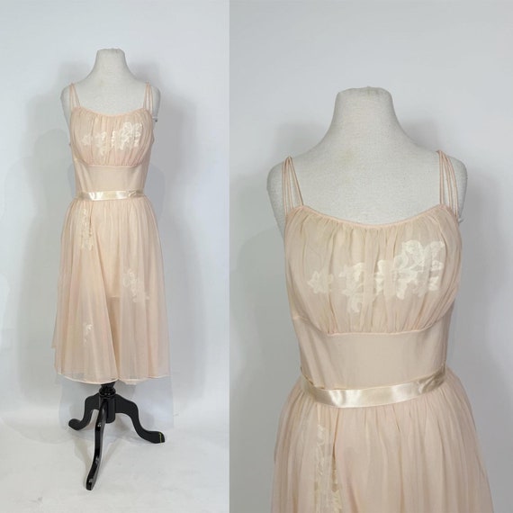 1950s Vanity Fair Peach Pink Chiffon and Lace Sli… - image 1