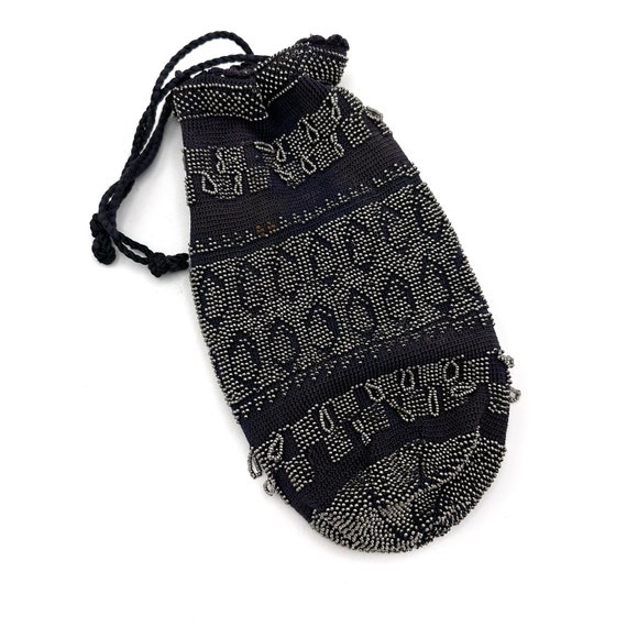 1920s Beaded Navy Knit Drawstring Dancing Purse - image 2