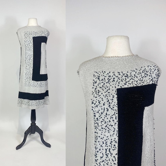 1960s Grey Black Geometric Print Knit Shift Dress - image 1