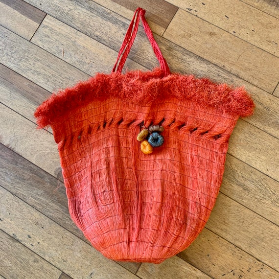 1950s Made In Mexico Woven Red Top Handle Straw Ba