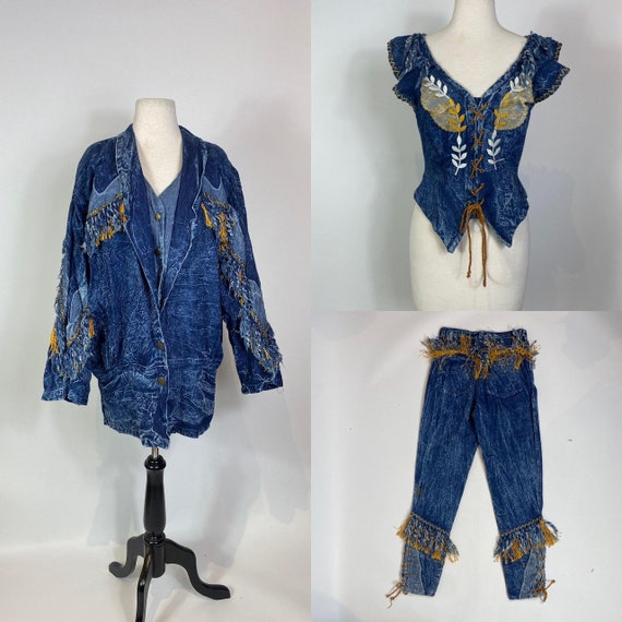 1980s Carreli Acid Wash Denim Jacket Top and Jean… - image 1