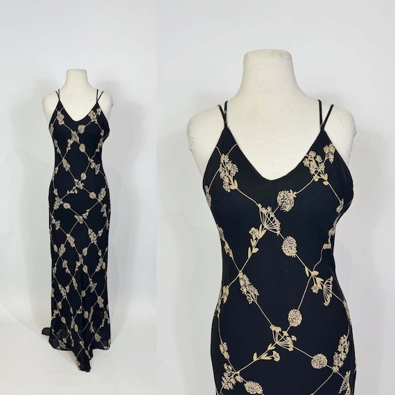 1990s - Y2K Black and Beige Floral Print Maxi Dres