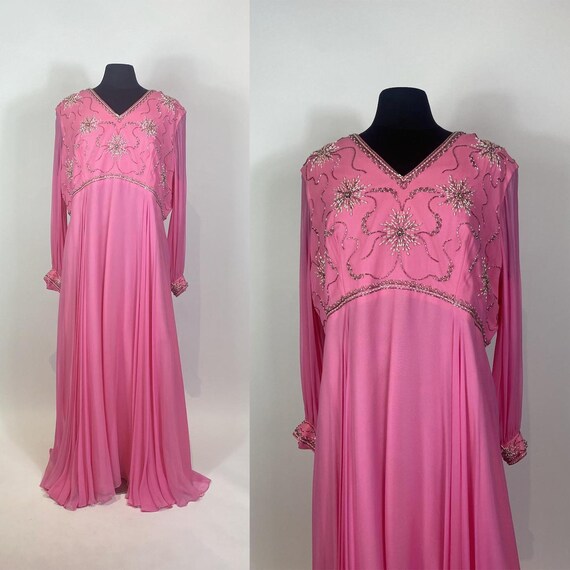 1960s Pink Chiffon Beaded Gown