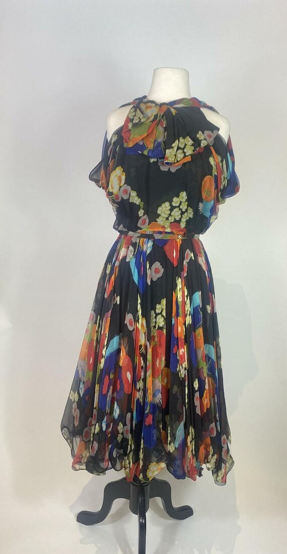 1950s - 1960s Silk Chiffon Floral Bow Front Dress - image 2