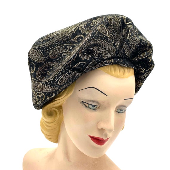 1960s Metallic Sculptural Paisley Brocade Beret S… - image 1