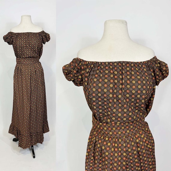 1970s Brown Daisy Floral Print Boho Two Piece Max… - image 1